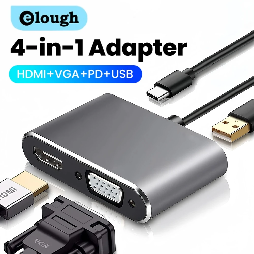 Elough Typ-C Dockingstation HDMI VGA Spielekonsole USB Monitor VGA Dockingstation 4 in 1 HUB 4K High Definition