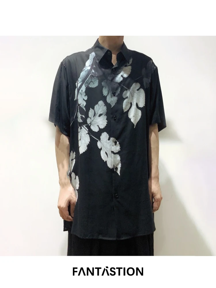 

FANTASTION Leaf print Retro style shirt half sleeves Loose and oversized Unisex shirts Hawaiian shirts