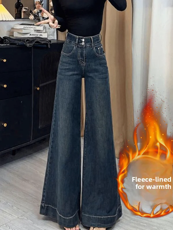 

Fce Lined Retro Straight Leg Jeans Women's plus Size High Waist Loose Hiding Hip Wide Leg Pants Winter Comfortable Denim