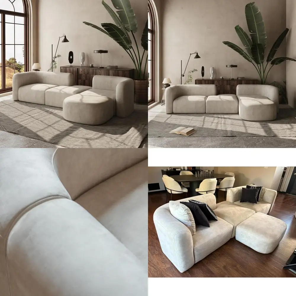 Sofá seccional curvo de terciopelo, muebles minimalistas para sala de estar de 4 asientos, color crema