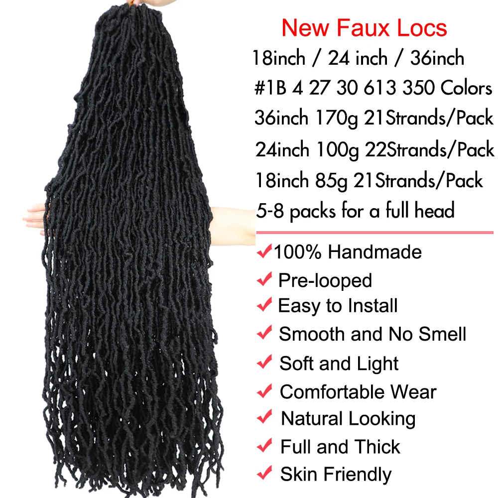 New Faux Locs Crochet Hair 1- 6Packs Crochet Braids Hair 1B Natural Black 21Strands/Pack Long 18 36 24inch Faux Soft Locs Braids