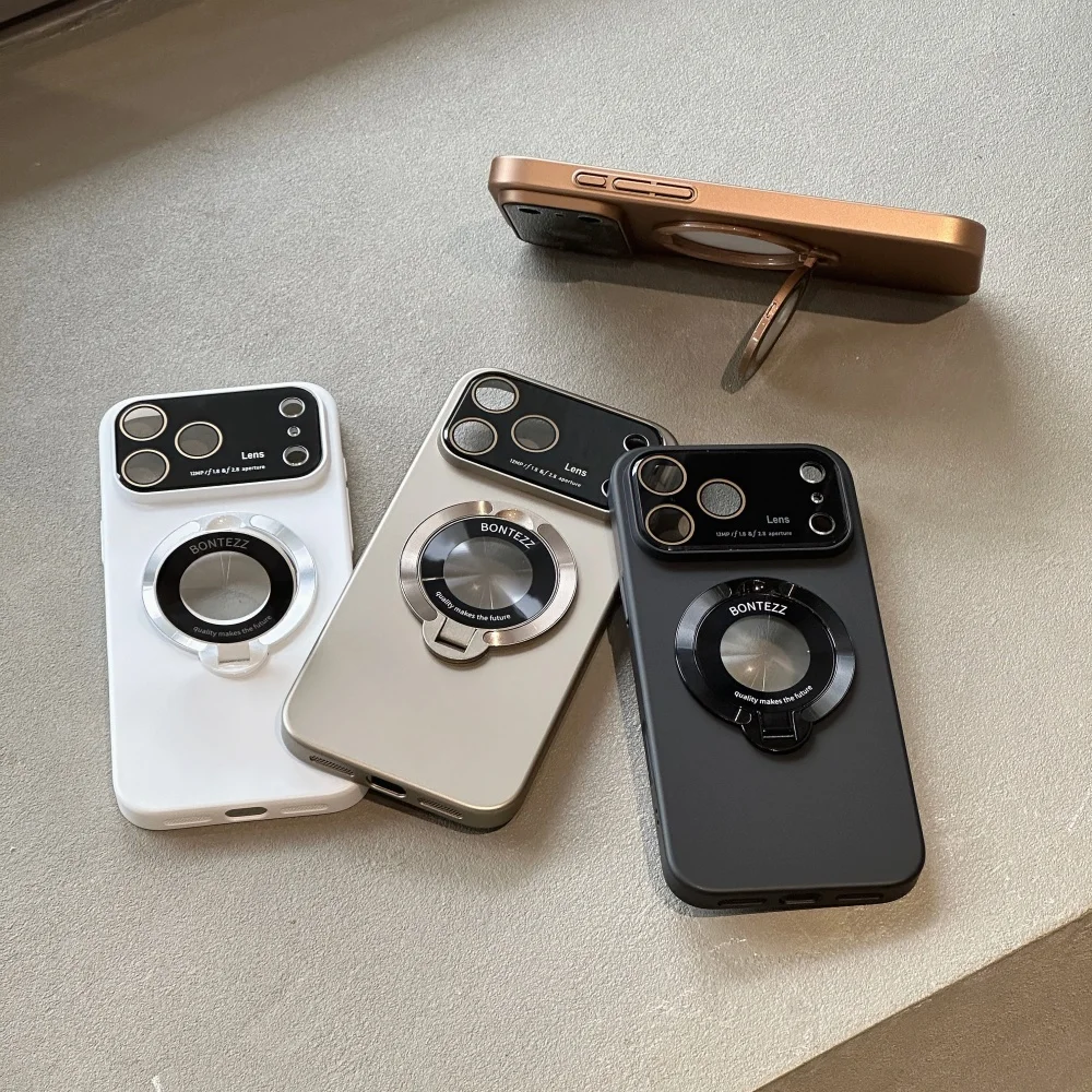 Funda de teléfono con cámara de cristal de lujo para IPhone 17Pro Max Air 16 Plus 15 14 13 12 soporte magnético brillante paquete completo cubierta de PC anticaída