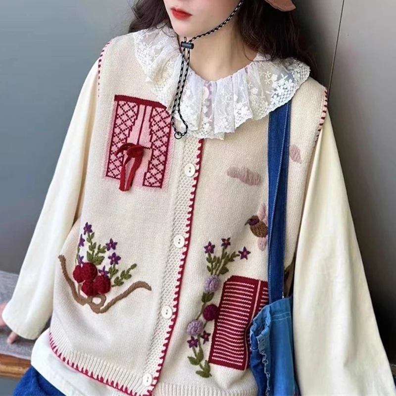 Women Clothing Vintage Ethnic Style Flower Embroidery Y2K Harajuku Sweater Vest Female O Neck Loose Sleeveless Knitted Waistcoat