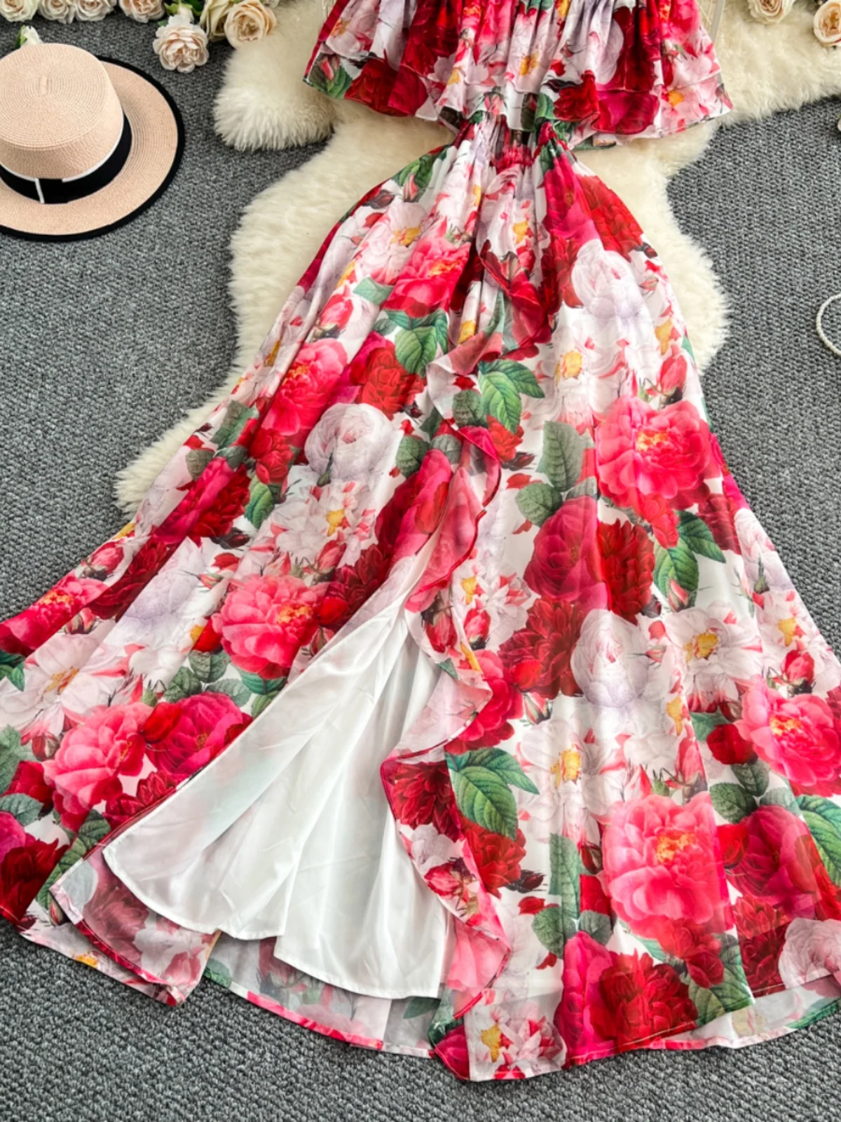 Vestido Longo E de Verão com Estampa Floral, Manga Bufante de Um Ombro, Estilo Coreano, Cintura Alta, Modelo Evasê Mid...