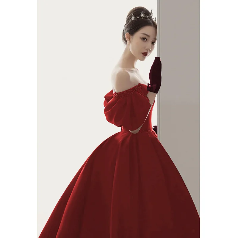 Party dresses evening dress Red black Banquet ball gown off shoulder silk velet velour L0546