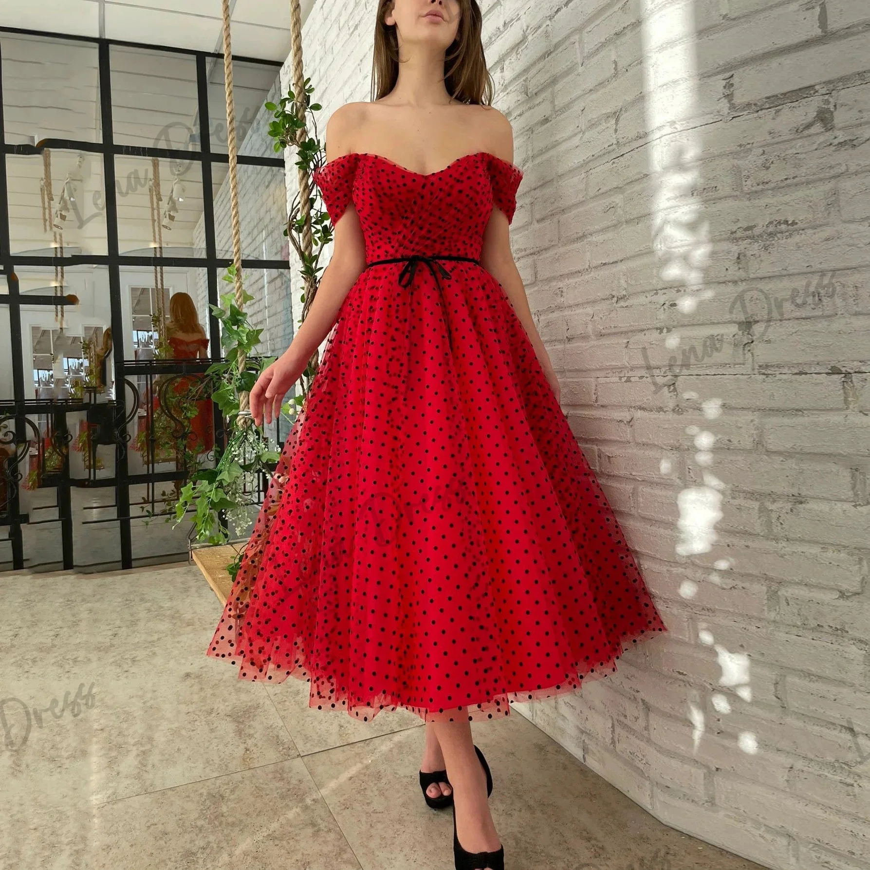 

Lena-Red and black sheer dance party dress for women, ankle length formal return to school dress, pleated evening dress