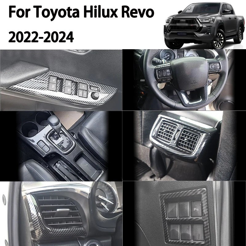 For Toyota Hilux REVO 2022-2024 ABS Carbon Fiber Gear Shift Frame Steering Wheel Cover Rearview Mirror Cover Decal Accessories