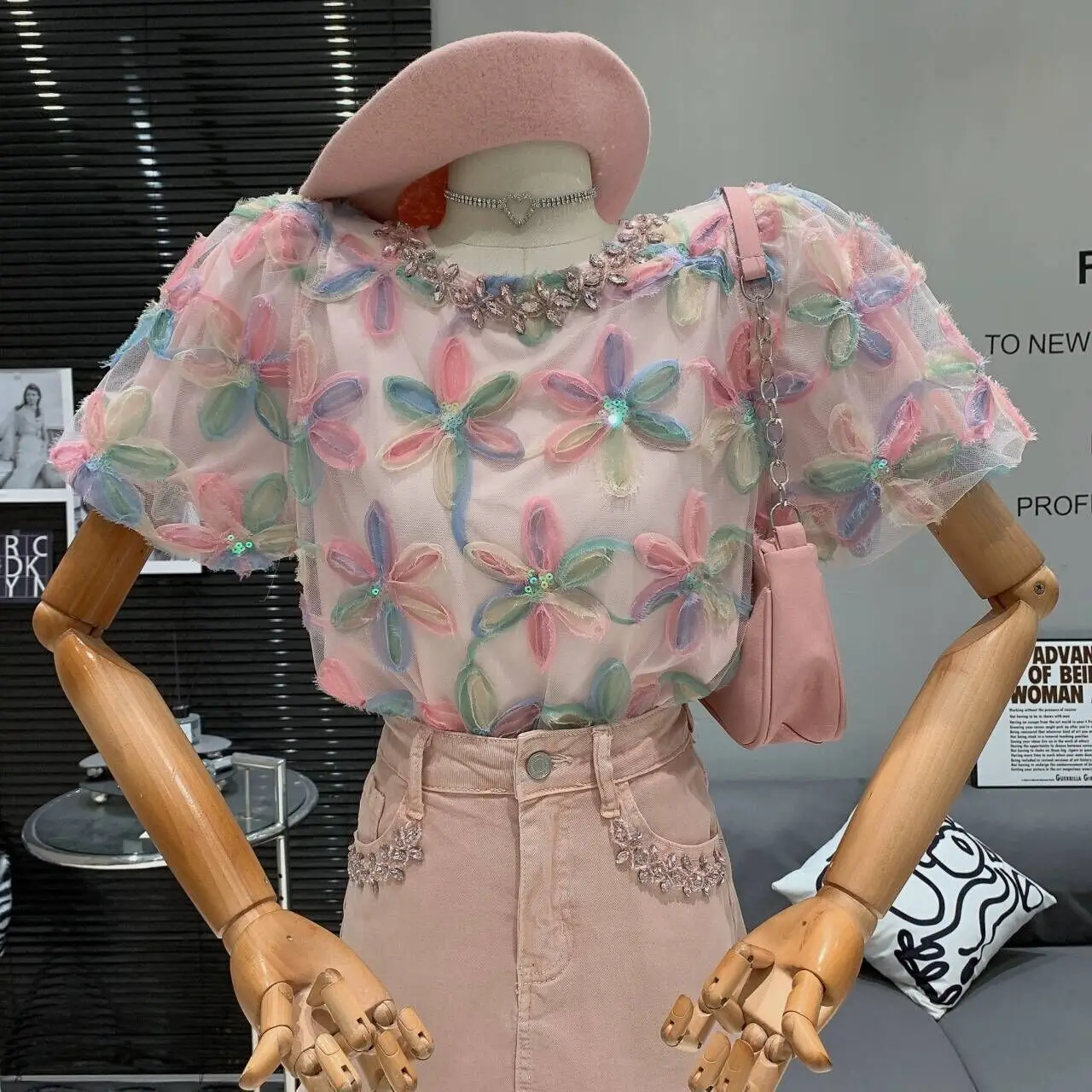 

French Fashion Summer 3D Flower Mesh T Shirt Women Luxury Beading O Neck Puff Sleeve Sequines Loose Tops Female Blouse X1392