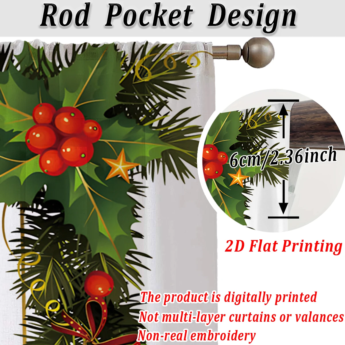 ستارة شفافة مطبوعة مسطحة لعيد الميلاد مع جرس فرع الصنوبر الهدال لعيد الميلاد لغرفة المعيشة وغرفة النوم وحفلات العطلات