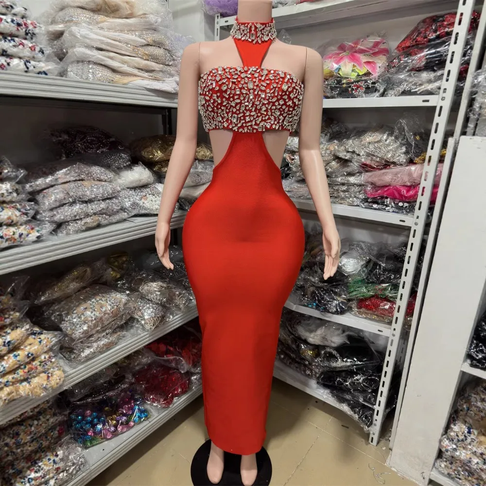 

2026 New Fashionable Sexy Sleeveless Halter Neck Backless Tight Long Bodycon Gown Dress Embellished with Diamond Accessories