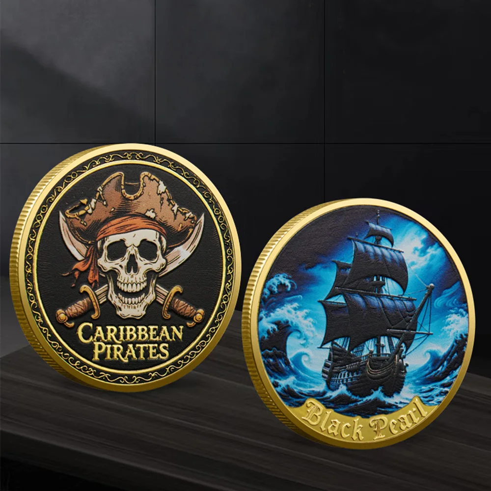 1PC Pirates of the Caribbean Black Pearl Ship Commemorative Coin, Gold-Plated Skull and Sword Challenge Coin Collectible
