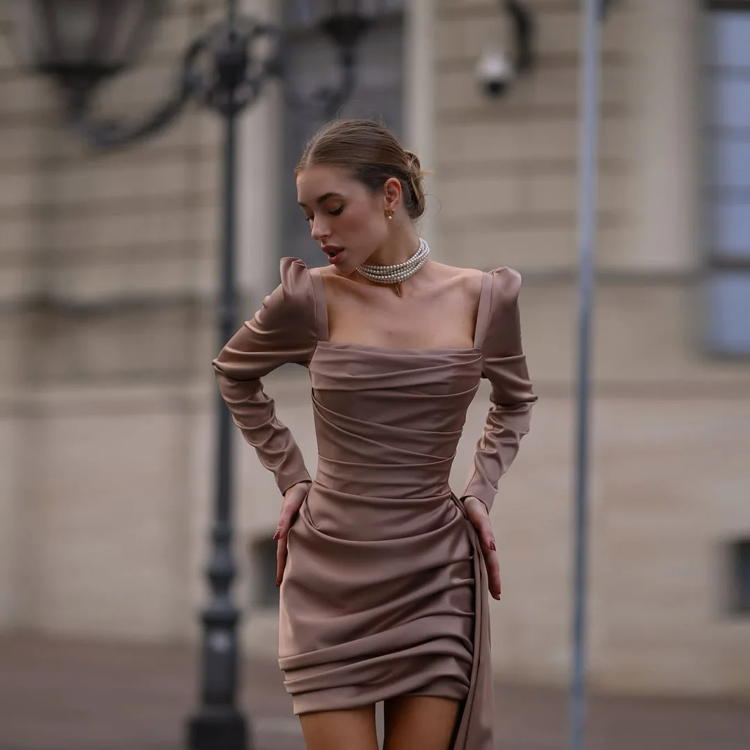 

Fashionable Square Collar Short Mermaid Lady Dresses Pleated Long Sleeve Party Gowns Corset Back Above Knee Length Custom Made