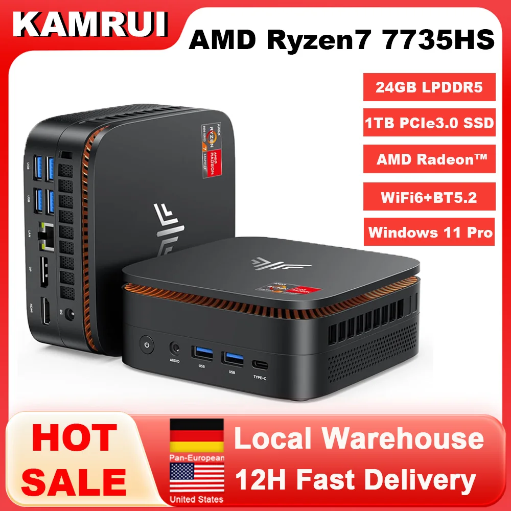Mini PC KAMRUI AMD R7 7735HS 24 Go LPDDR5 5500 MT/s 1 To SSD PCIe3.0 Max 4,75 GHz Win11 Pro WiFi6 BT5.2 Ordinateur de bureau 4K PC de jeu