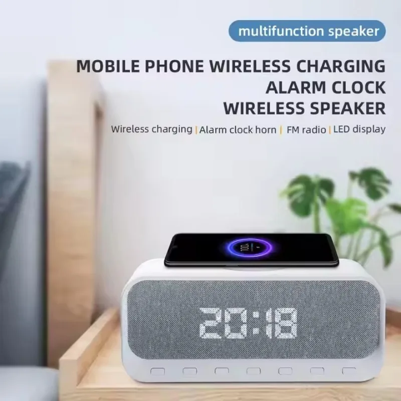 LED Digital Alarm Clock Wireless Charger Multi-function Mobile Phone 15W Fast Charge Speaker With FM Radio USB AUX Music Playing