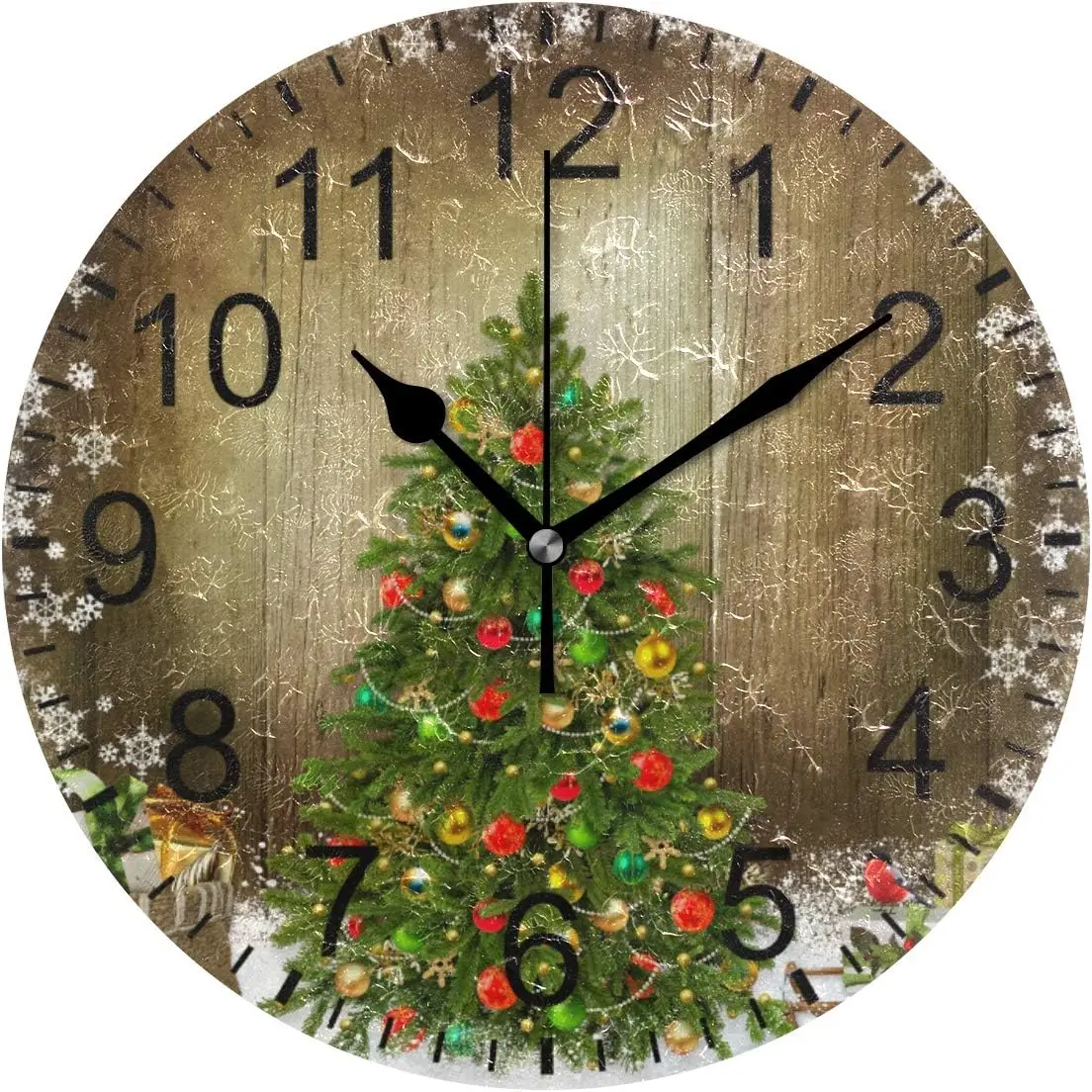 Wall Clock Christmas Tree Clock Silent Non Ticking Round Wall Clocks Decorative, Winter Rustic Wooden New Year Clocks 10