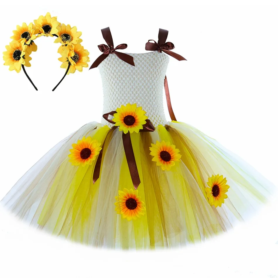 Sunflowers Fairy Princess Dresses with Butterfly Wings Wand Hairbow Girls Birthday Hallloween Costumes for Kids New Years Outfit