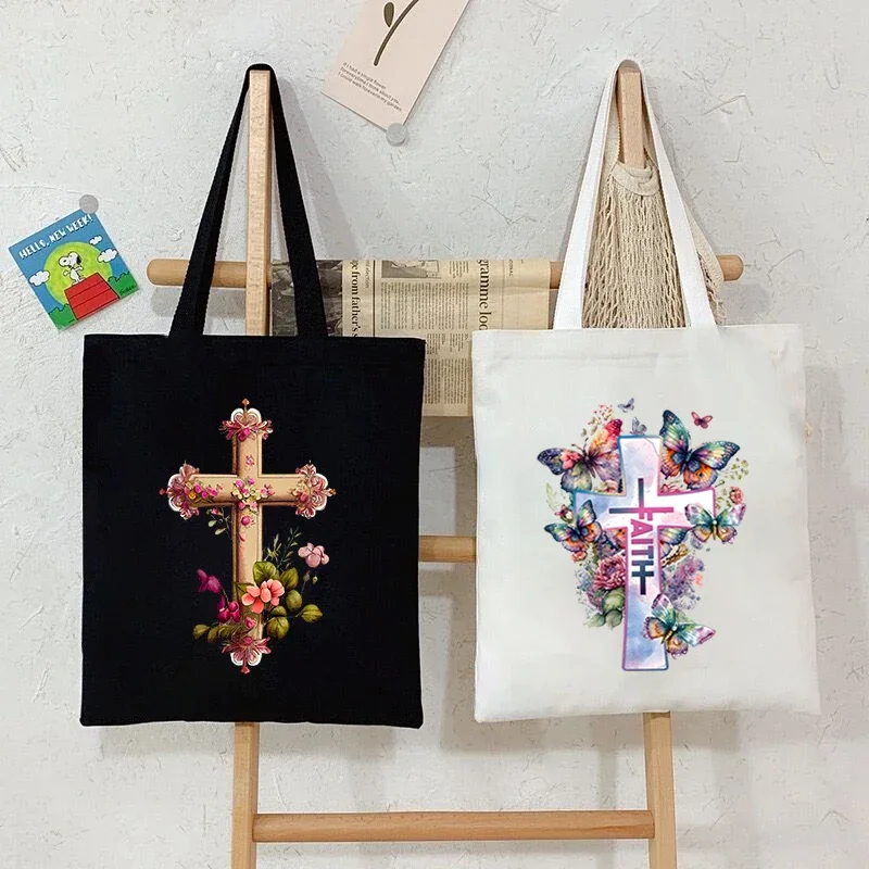 Watercolor Cross Women's Canvas Tote Bag Floral Y2K Shoulder Bag Christianity Religious Belief Shopping Bag Butterfly Handbag