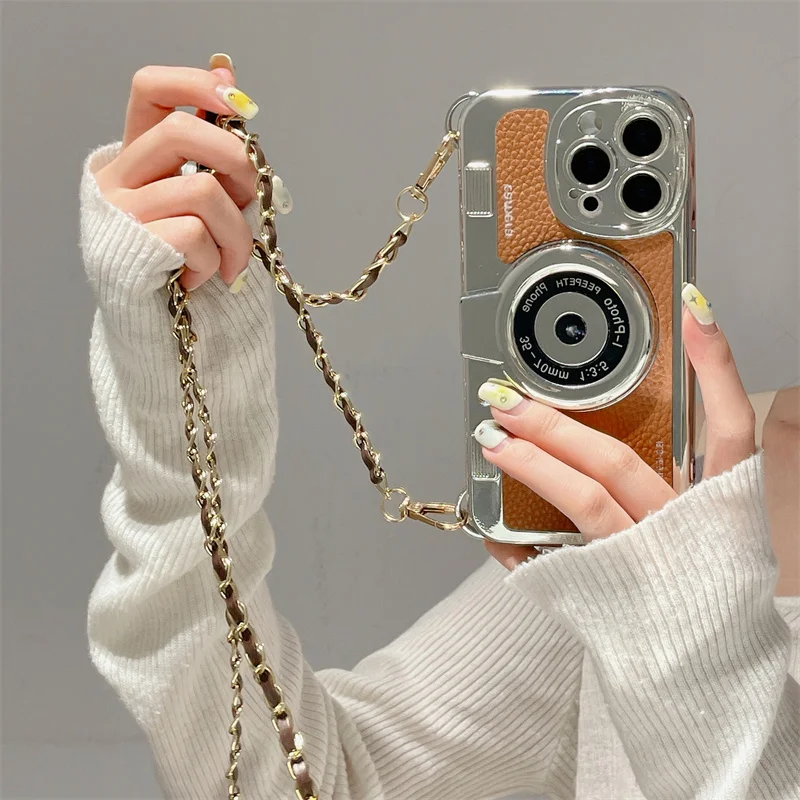 Camera Emily In Paris Case For iPhone 15 13 12 pro 11 16 Pro Max 14 plus Camera Phone sling PU Leather Lanyard cover Retro case