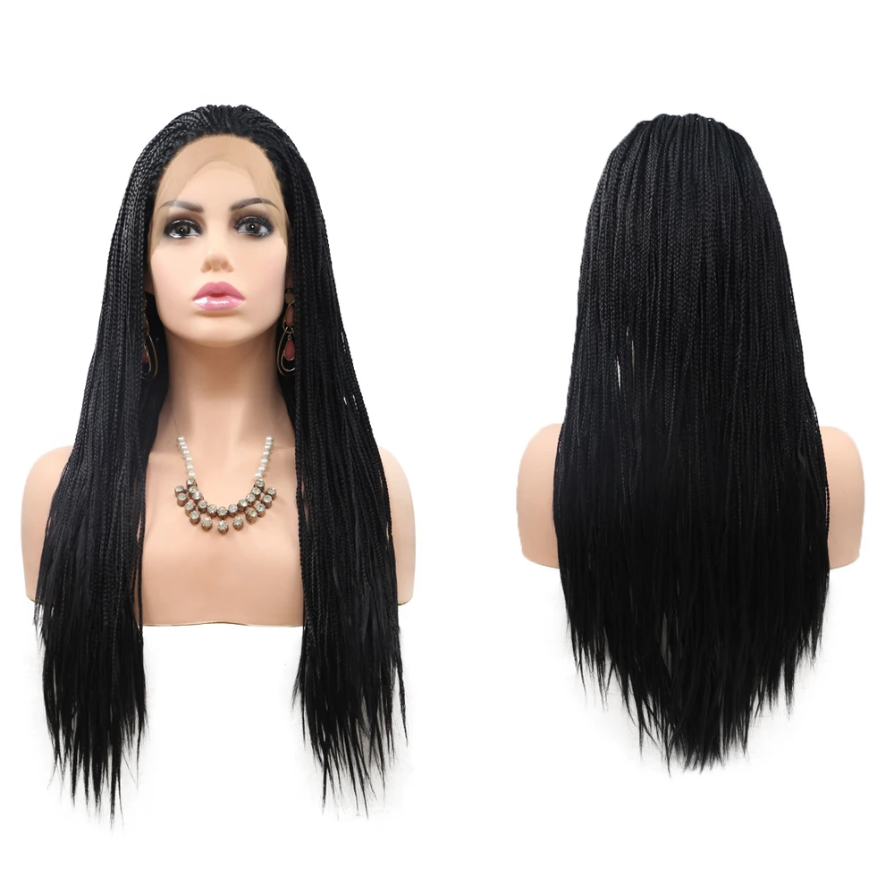 Box Braided Hairstyle Synthetic Lace Front Wig Black Long Braid Hair Heat Resistant Fiber Wig for Women 24inches