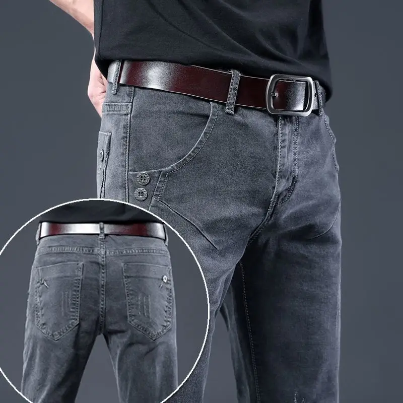 Fashion baju gaya Korea pria, Jeans Slim-Fit klasik Kpop gaya klasik, celana koboi kasual abu-abu asap untuk lelaki