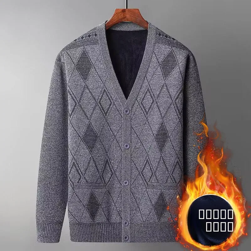

Утепленный вязаный кардиган с V-образным вырезом для мужчин среднего и старшего возраста, свободный крой, зимняя верхняя одежда, повседневная одежда