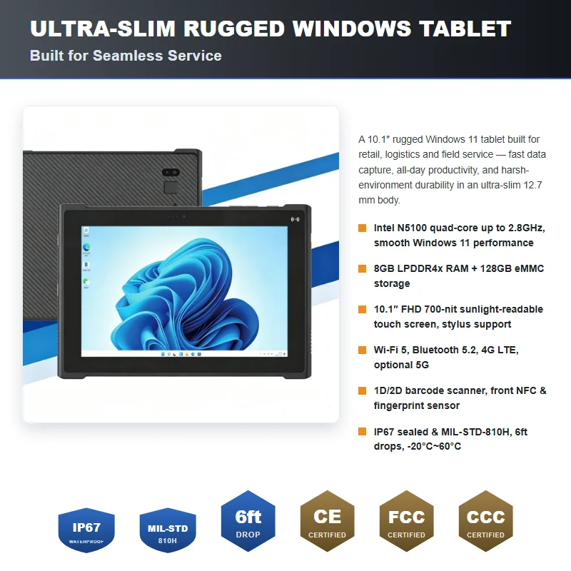 10.1 inch Rugged tablet industrial tablet windows 11 8GB RAM 128GB Storage 4G LTE N5100 waterproof shockproof tablet