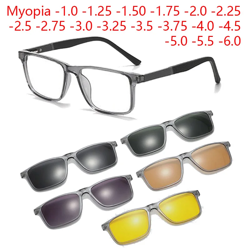 

6 in 1 3311 Prescription Glasses Transparent Grey Myopia -0.5 To -10 Cat Eye Magnetic Sunglasses Clip Shortsighted