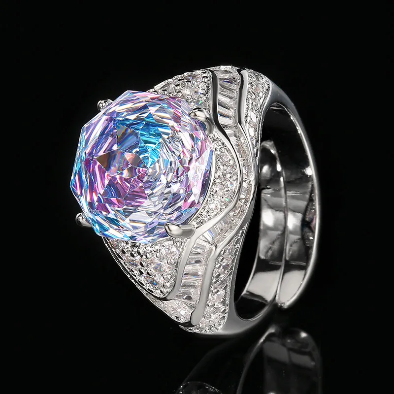 New jewelry with copper base and gold plating, sea blue elegant round ring for women, 12mm, wholesale