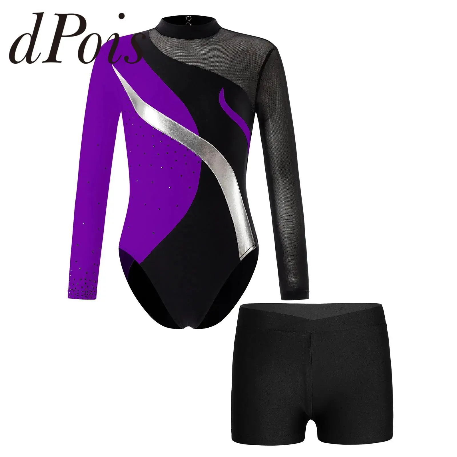 Kids Girls Long Sleeve Skating Bodysuit Shiny Patchwork Gymnastics Leotard with Shorts Dancewear Sets for Dancing Competition