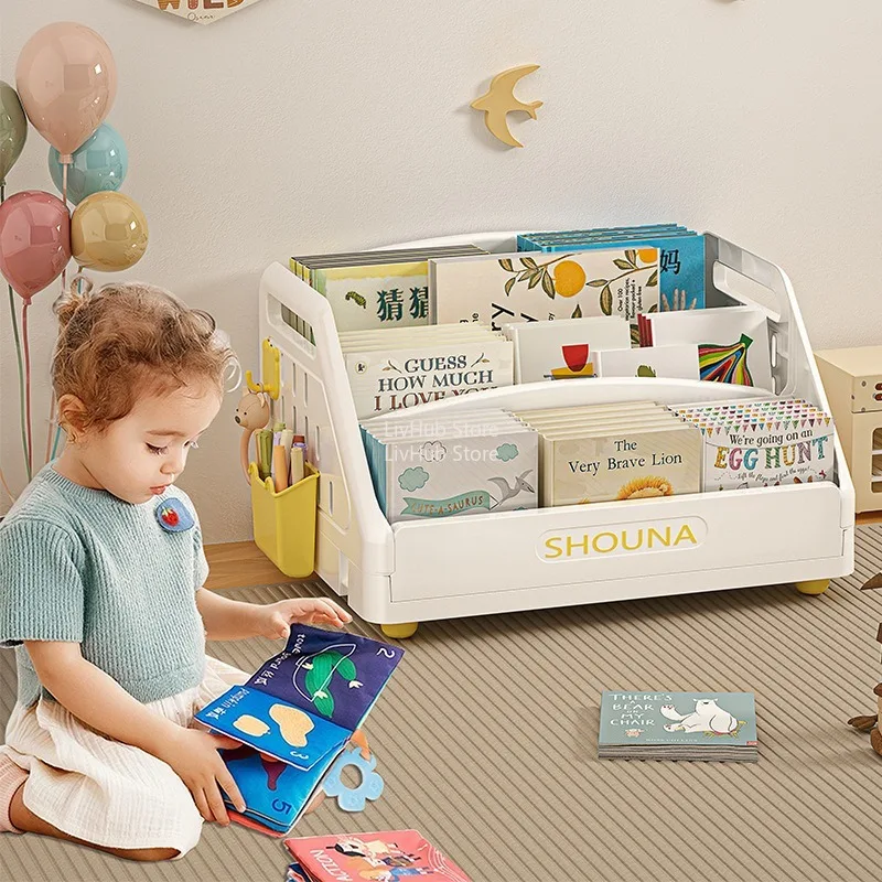 2段式小型子供用本棚-幼児用-ホワイト-省スペース本収納オーガナイザー-子供用本棚-保育園子供部屋用