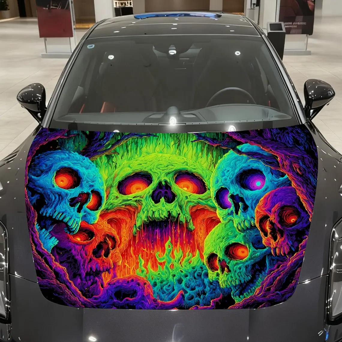 Fantasy Colorful Skull Forest Imagery Car Vinyl Wrap, PVC Material Waterproof Car Hood Sticker, Self-Adhesive Scratch-Resistant