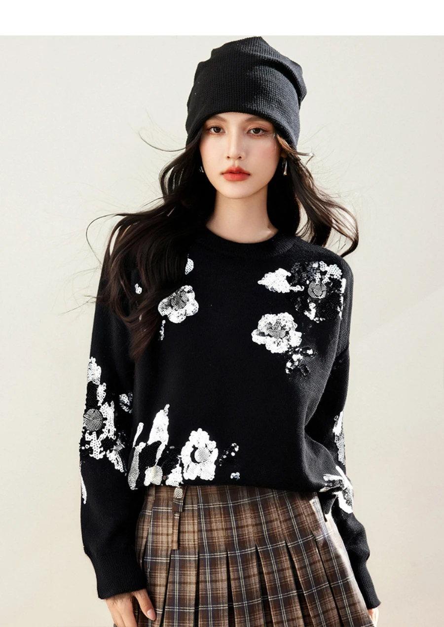 Suéter de punto de manga larga con cuello redondo para mujer, diseño Floral, lentejuelas con cuentas, Top elegante para otoño e invierno