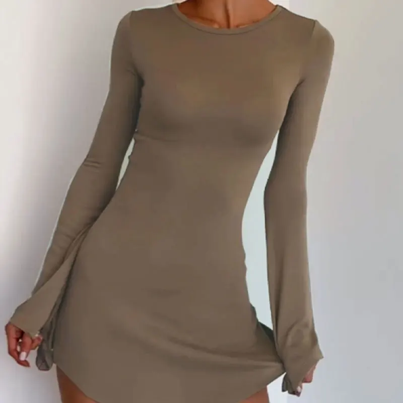 

Autumn Dresses Women Fashion Casual Streetwear Long Sleeves O-Neck Brown Winter Dresses Female Slim Club Party Elegant Dresses