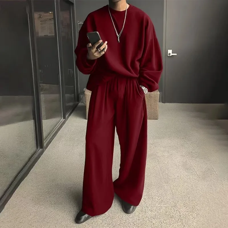 

Autumn Winter Men's Solid Loose Long Sleeved Sweatshirt and Wide Leg Pants Suits Casual Sports Set Two-piece Set for Male Outfit