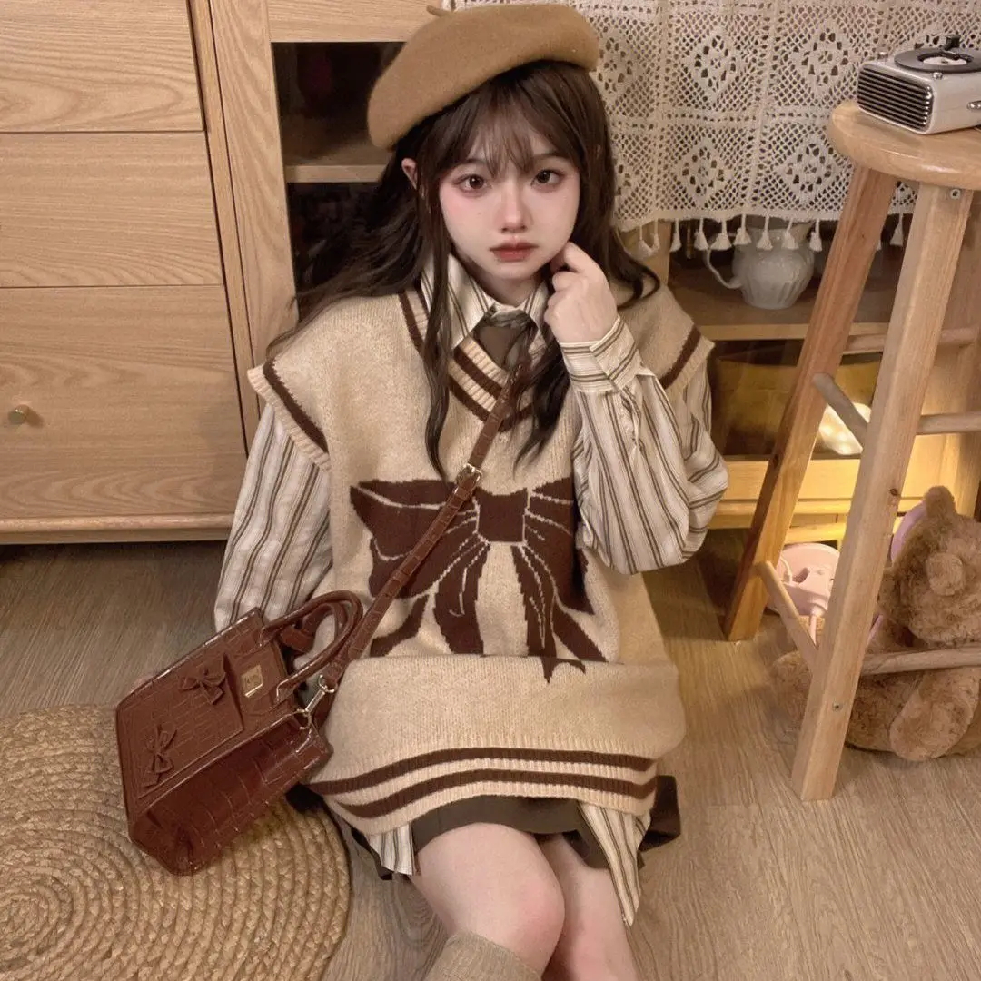 Korean Autumn Set Female Student Japanese Bow Jacquard Sweater Vest+Versatile Pleated Skirt College Style Vest Jk Uniform Set