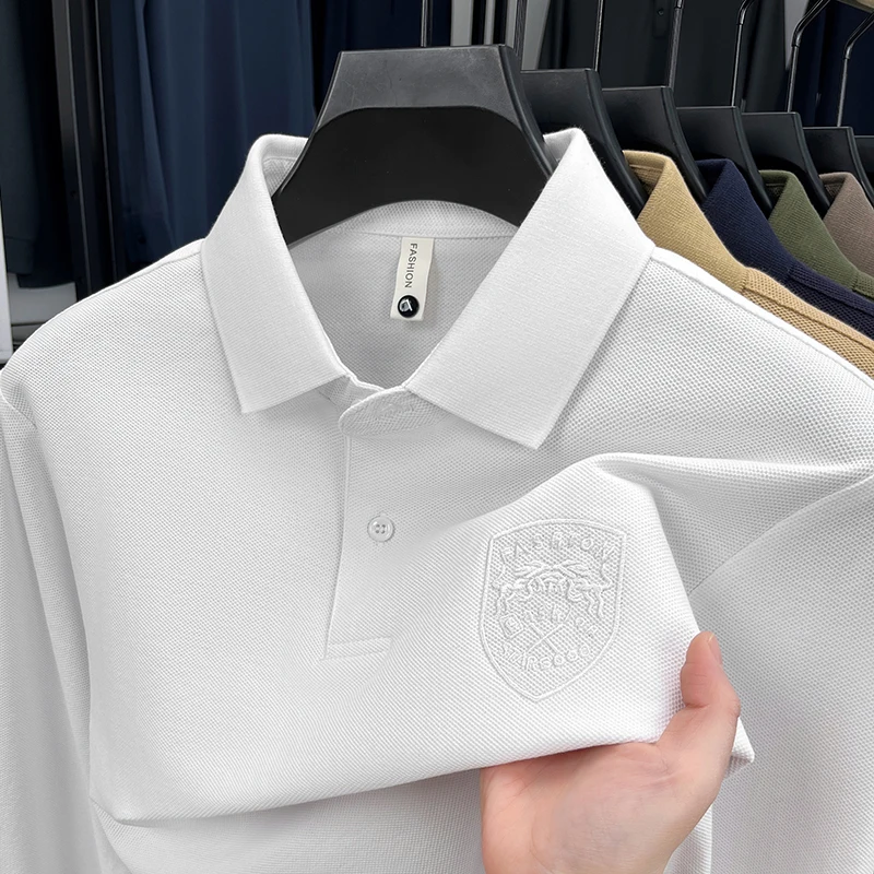 Mens Luxury Polo Shirt Long Sleeve Lapel 100% Percent Cotton Breathable Anti Pilling Business Classic Fashion Versatile Menswear