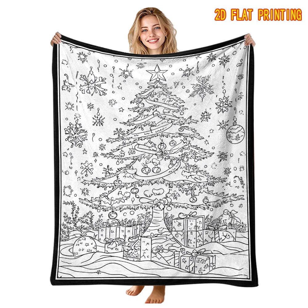 Christmas Tree Throw Blanket Gift Snowflake Doodle Line Print Soft Flannel Kids Room Sofa Lap Xmas DIY Craft Theme Decor Gift