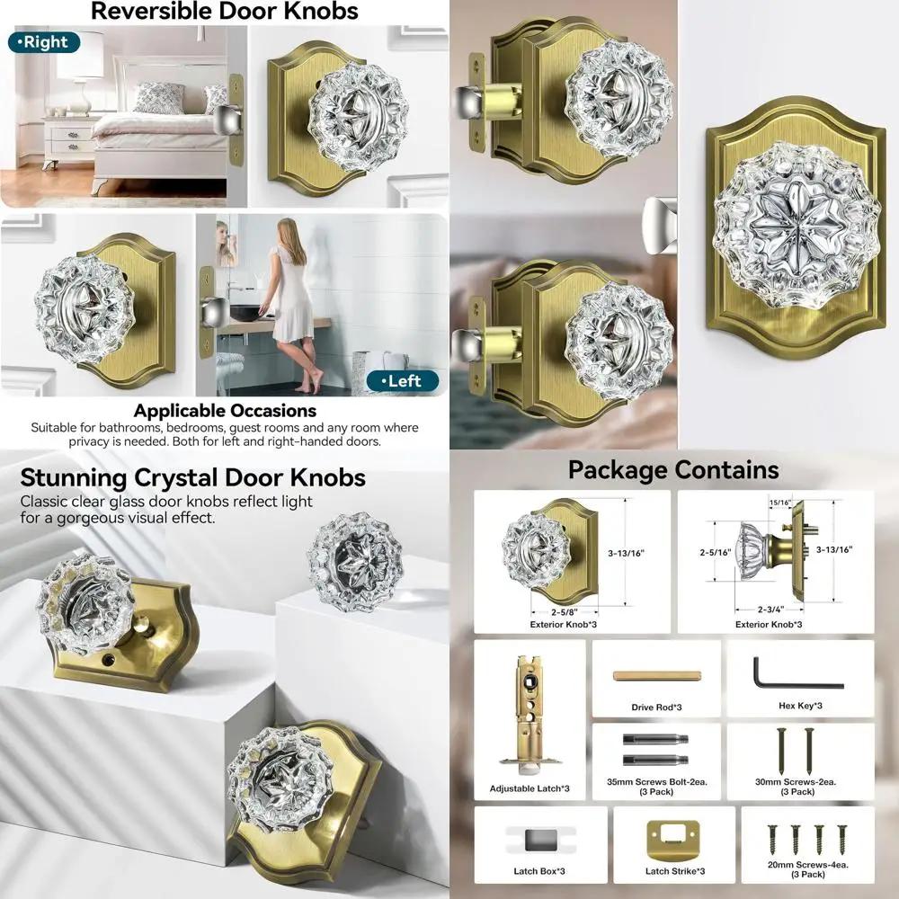 

Antique Brass Vintage Glass Crystal Door Knobs with Privacy Lock for Interior Doors