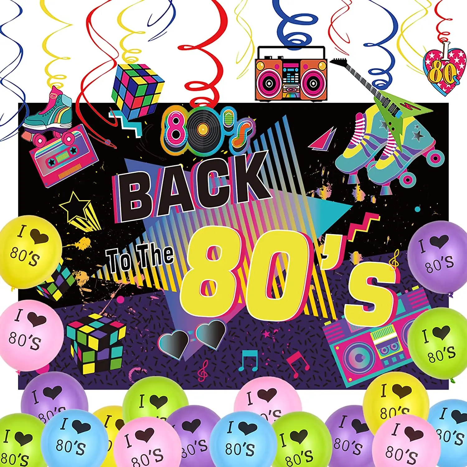 

80s Themed Party Decorations Back To The 80s Backdrop Retro Hanging Swirl I Love 80s Balloons 80s Birthday Party Decorations