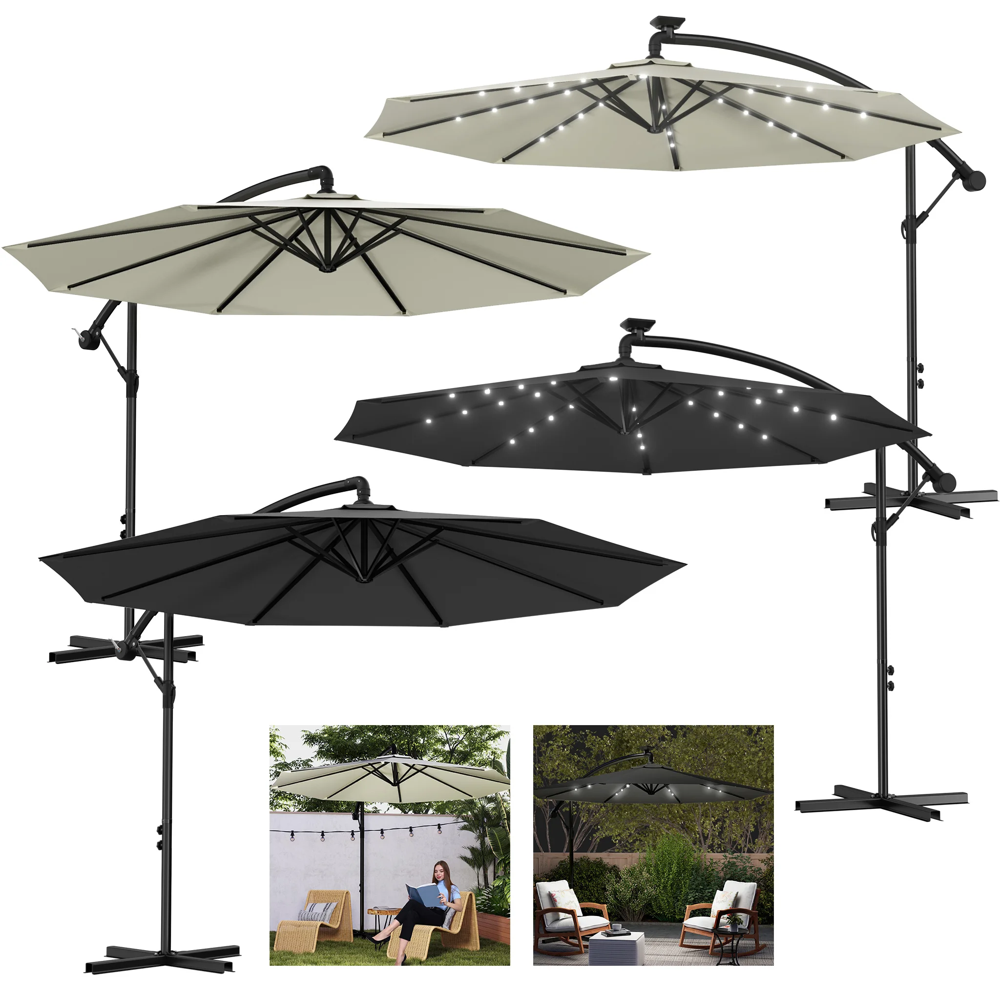Parasol cantilever Ø300cm/Ø350cm avec manivelle, Parasol de jardin avec base croisée stable, Parasol d'extérieur résistant aux UV et protection solaire, Parasol à manivelle pour terrasse, jardin, piscine