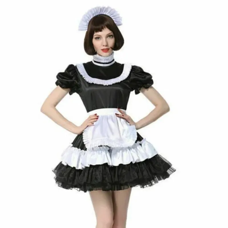 

Sexy French maid black satin lockable multi-layer ruffle edge dress maid cosplay costume customizable