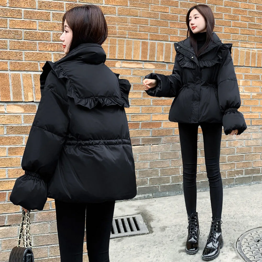 

Fashion Ruffle Stand Collar Parkas Black Trumpet Sleeve Women Winter Jackets Elegant Ladies Cotton Outwear Coat Female Overcoat