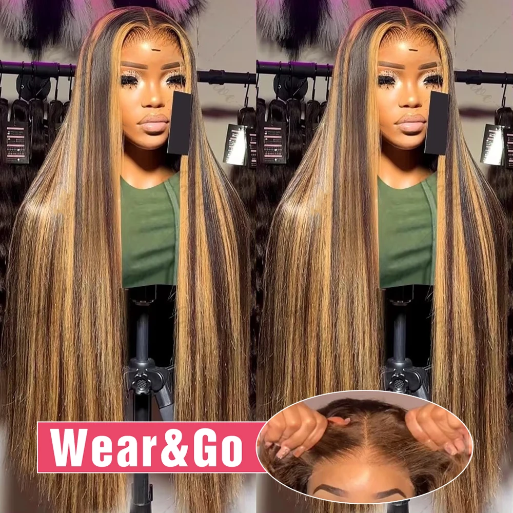 Highlight Ombre Color Glueless Wig Human Hair Ready To Wear And Go Preplucked Straight HD Lace Frontal Human Hair Wigs For Women