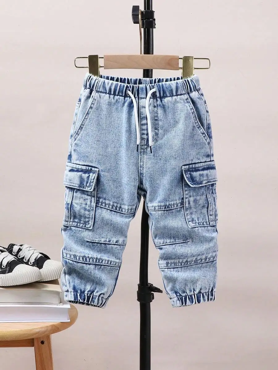 

Джинсовые брюки-карго для мальчиков, светлые, с эластичным поясом и шнурком