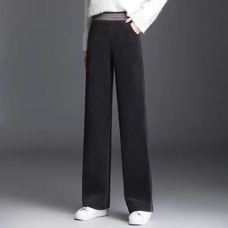 Fleecing Plush Thick Warm Letter Stripes Elastic Waist Corduroy Straight Wide Leg Long Pants Winter Casual Trouser Women Clothes