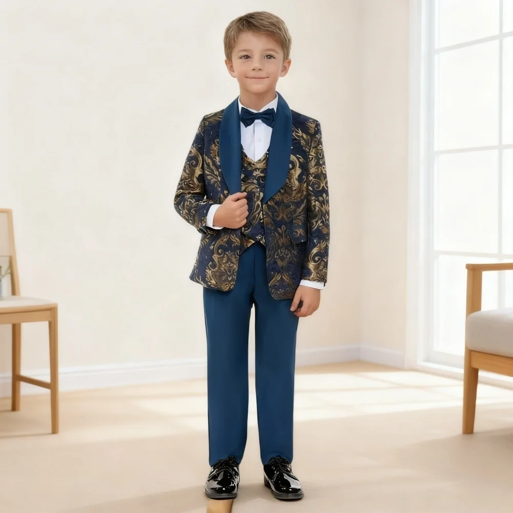 

Luxe Patterned Brocade Boy's Suit Set 4pcs Gold Ornate Kids Formal Tuxedo Wedding Ring Bearer Prom Outfit Modern Child Suits