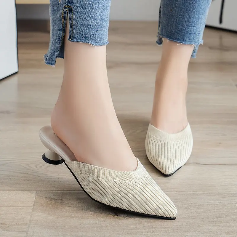 Pointed Mid Heels Slippers Women Summer Shoes Sexy Sandals Knitted Elastic Mesh Slingback Breathable Mules Shallow Slides Shoes