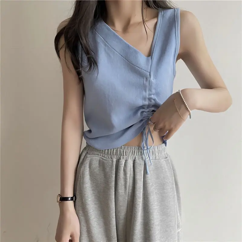 

Women Clothing Summer Fashion Casual Shirring Solid Color V-neck Female Simplicity All-match Appear Thin Sleeveless Tank Top Top