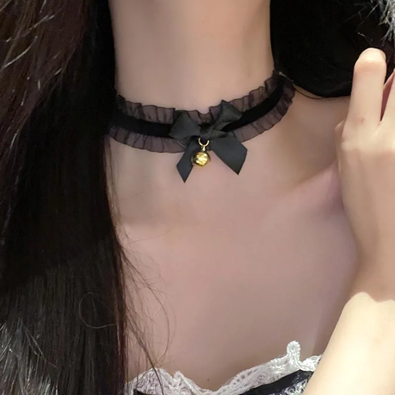 Sweet Lolita Ruffled Lace Necklace Y2K Ribbon for Women Photo Shoot Bowknot Charm Choker with Bell Romantic Cute Style Jewelry