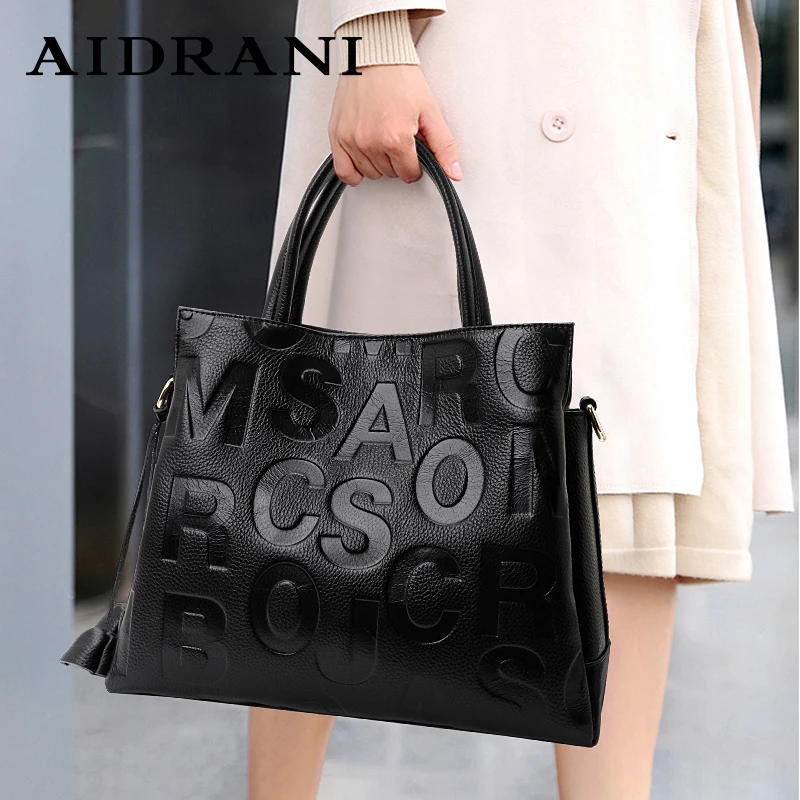 Aidrani-Bolso de mano de piel auténtica para mujer, bolsa cuadrada con patrón de letras a la moda, 100% suave, de piel de vaca